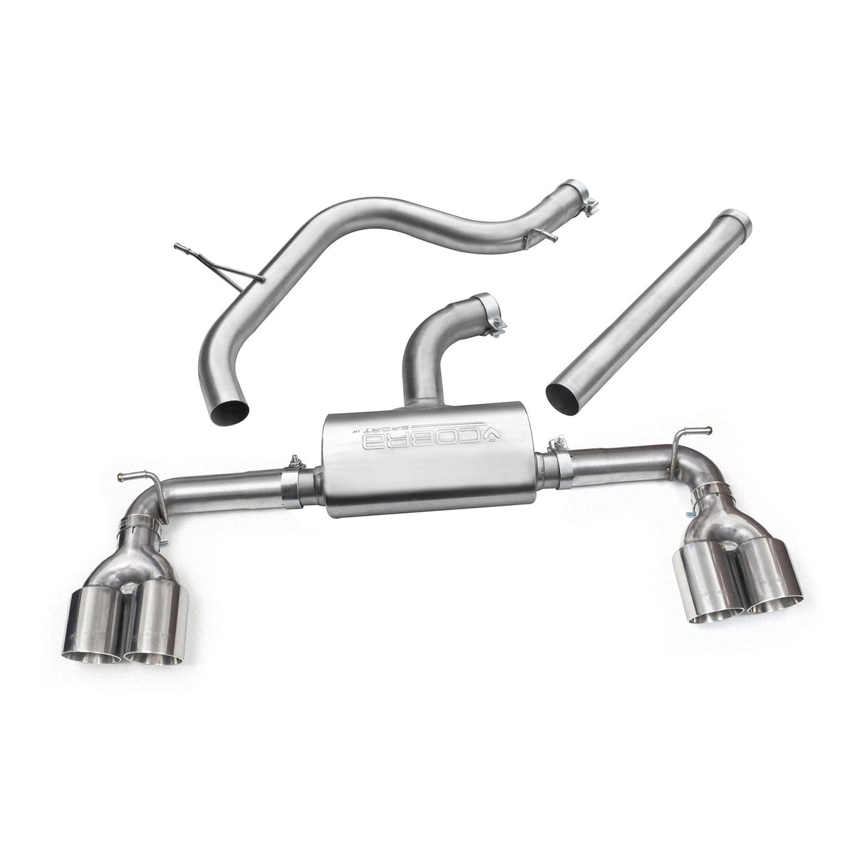 Cobra Sport VW Golf GTI MK7 2.0 TSI quad exit cat back performance exhaust, non-resonated, styled like Golf R.