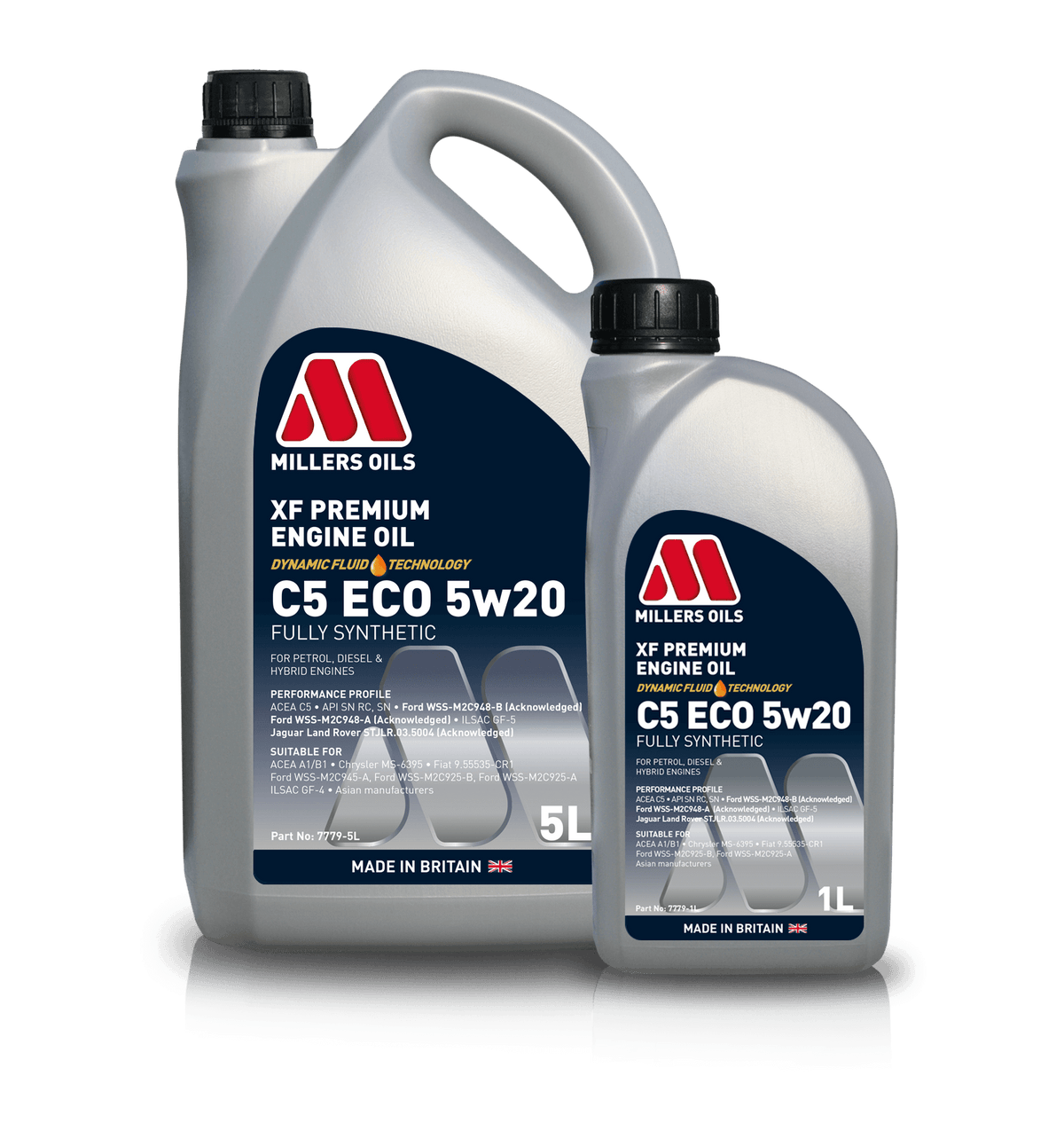 Millers Oils XF Premium C5 ECO 5W20 engine oil container, showing the product label with engine oil specifications.