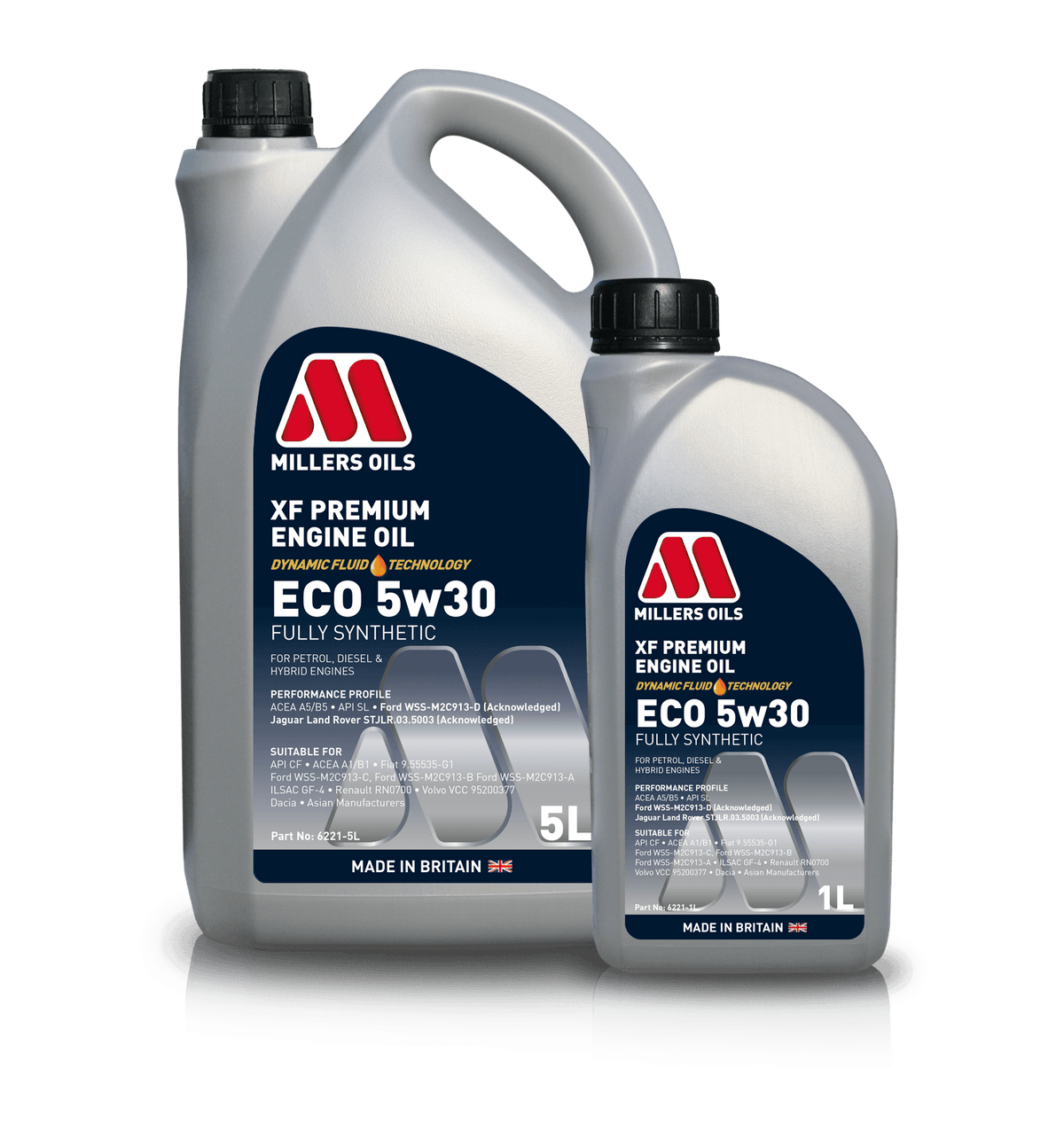 Millers Oils XF Premium ECO 5w30 engine oil container with label details, showcasing the product for vehicle engine lubrication.