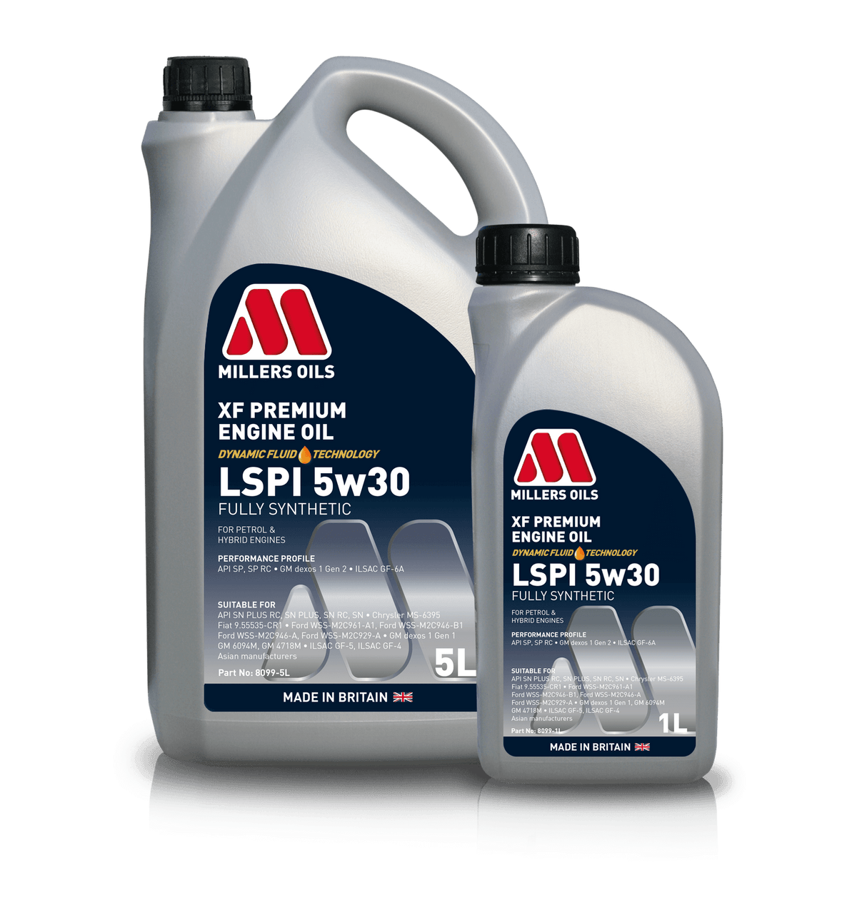 Millers Oils XF Premium LSPI 5W30 engine oil container with label, suitable for modern engines with low-speed pre-ignition protection