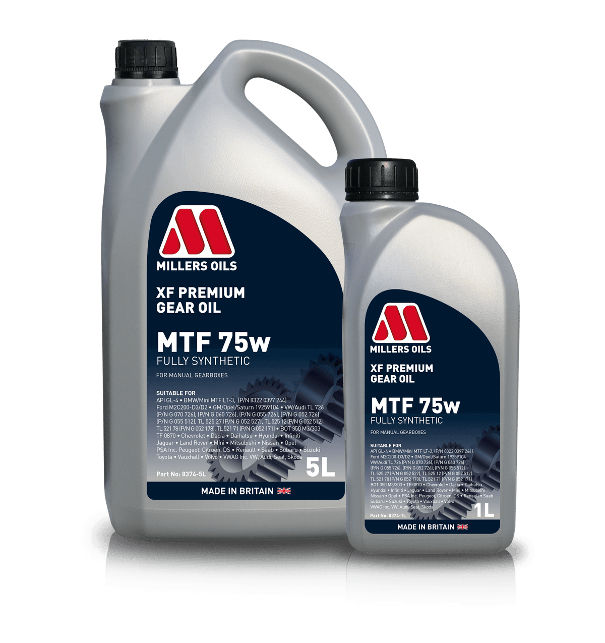 Millers XF Premium MTF 75w Gear Oil in a container, suitable for gearbox fluid applications, by Millers Oils.