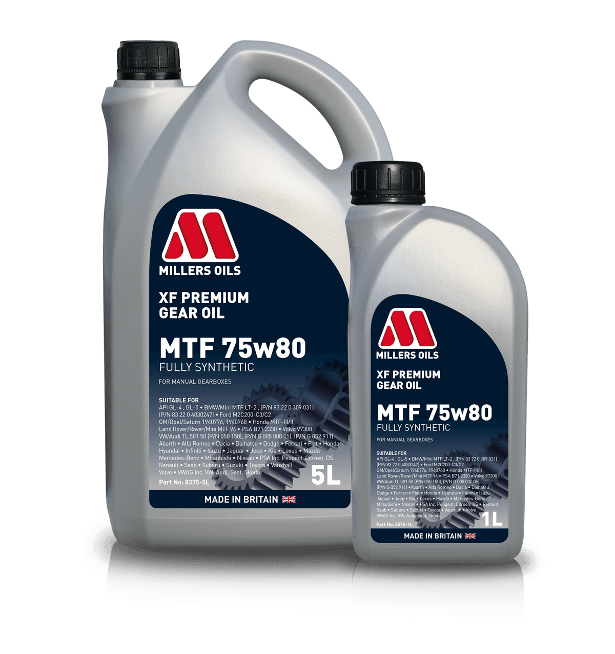 Millers XF Premium MTF 75w80 Gear Oil for gearboxes, showing a container of Millers Oils gearbox fluid.