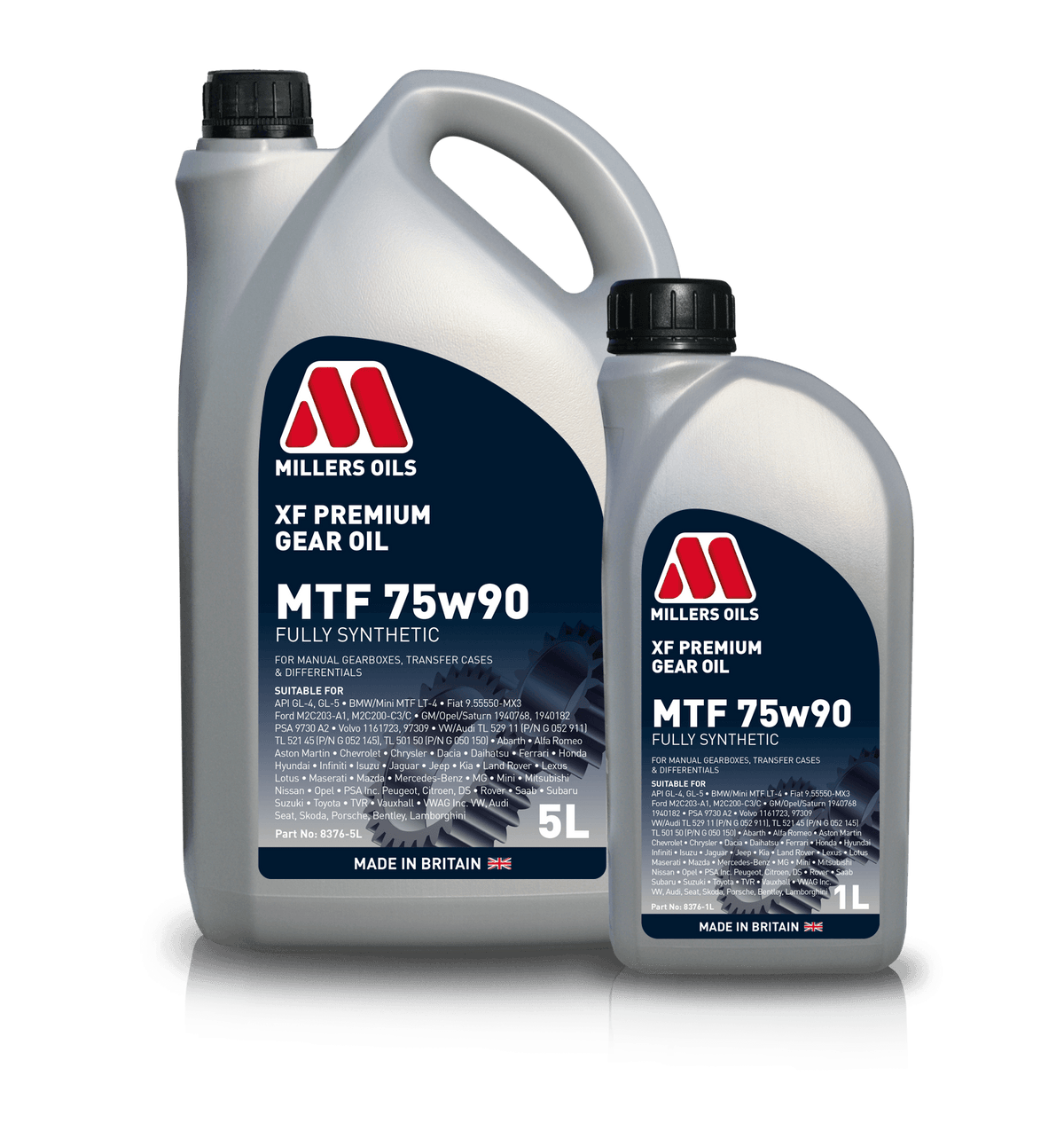 Millers XF Premium MTF 75w90 gearbox fluid container with a group of bottles, designed for automotive gearboxes.