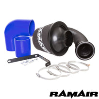 Ramair VW Golf mk5 R32 3.2 V6 blue performance cone air filter induction kit, featuring a large blue cone filter and metal intake components.