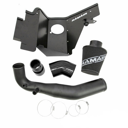 Ramair Ford Mustang 2.3 EcoBoost jet stream foam air filter heat shield and hard pipe induction kit installed in engine bay