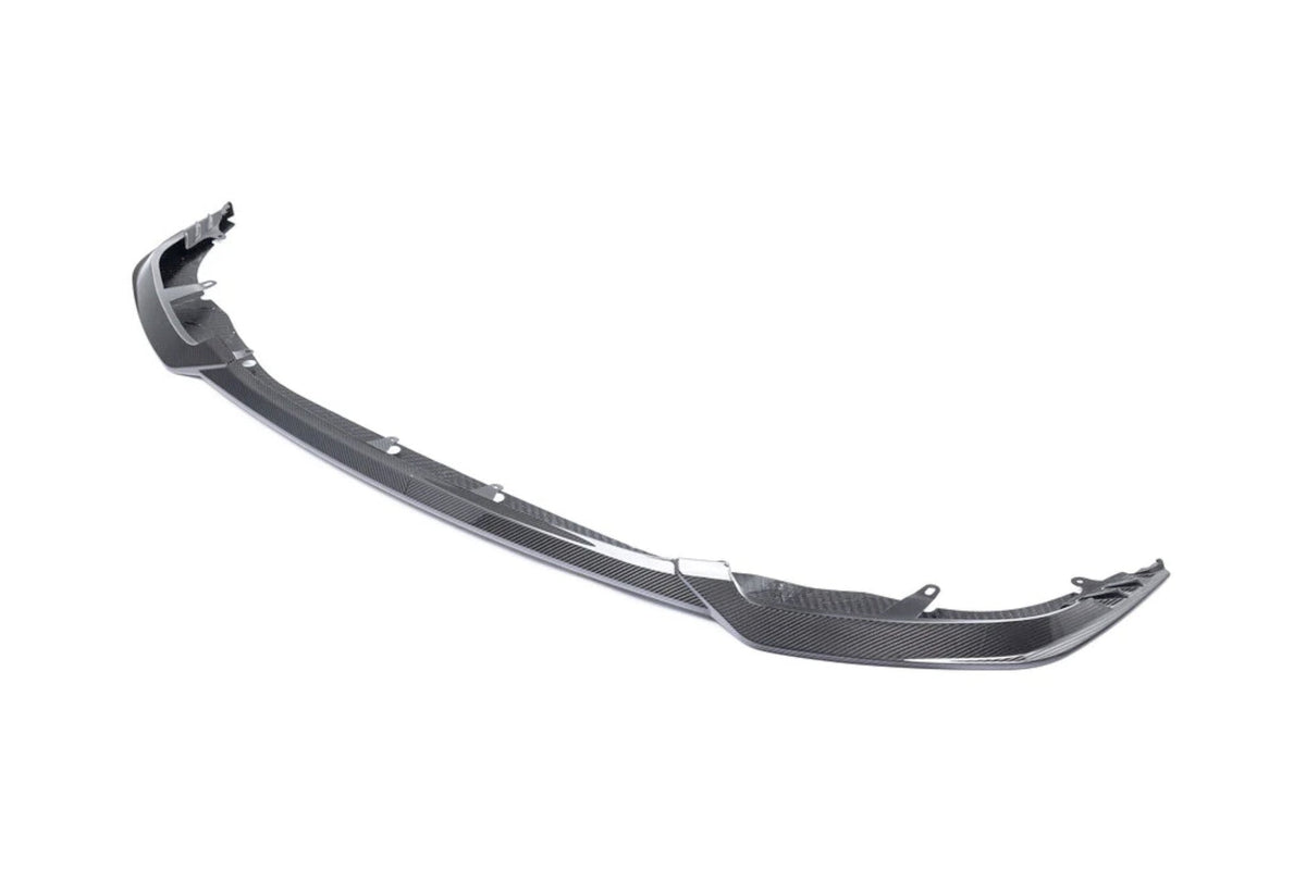 AlphaN BMW G87 M2 carbon adjustable front splitter, lightweight aerodynamic car part with precise fitment and sporty design.