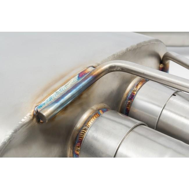 Cobra Sport turbo back performance exhaust for Audi S3 8V saloon with valved system, showing polished exhaust tips and piping.