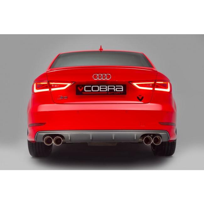 Cobra Sport turbo back performance exhaust installed on Audi S3 8V saloon, showing the sleek exhaust tips and piping system.