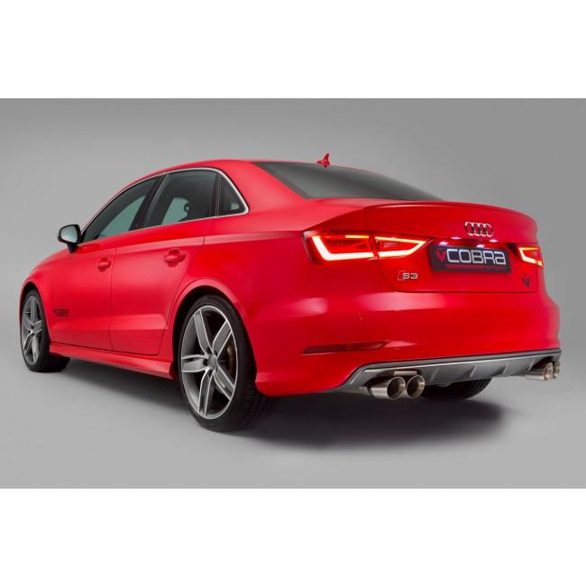 Cobra Sport turbo back performance exhaust for Audi S3 8V saloon, non-valved, showing polished exhaust pipes and tips.