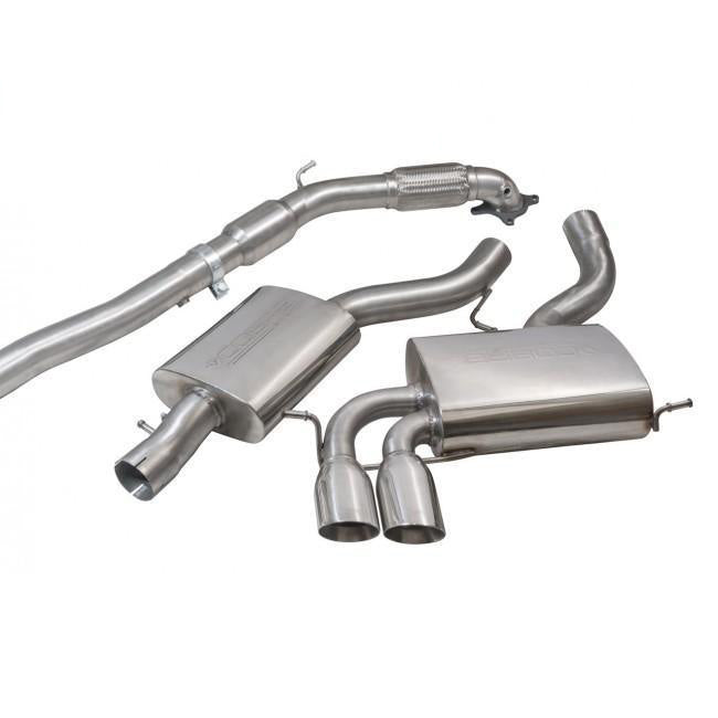 Cobra Sport turbo back performance exhaust installed on an Audi S3 8P Quattro Sportback, showing the polished exhaust tips and piping