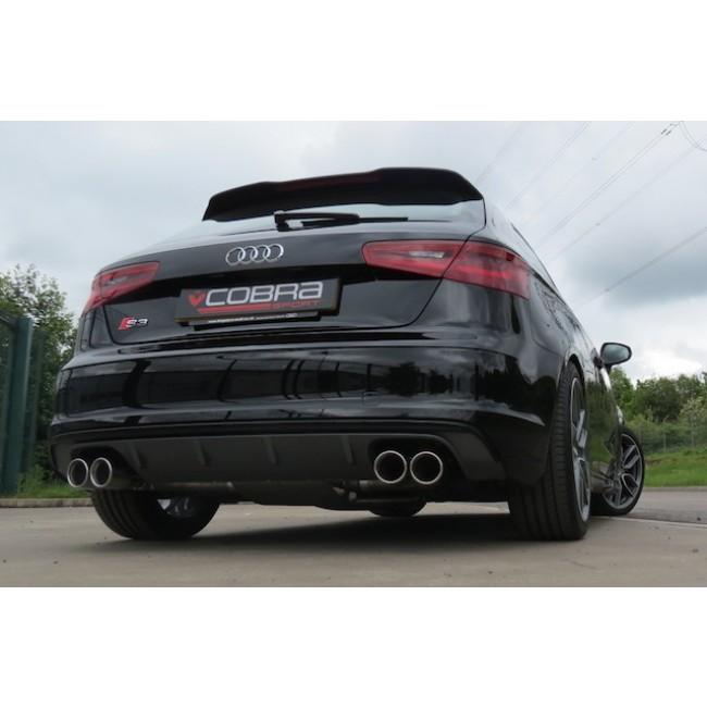 Cobra Sport Audi S3 8V 3-door non-valved cat back performance exhaust installed on a silver Audi S3 8V model.