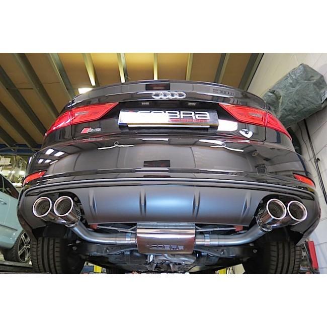 Cobra Sport turbo back performance exhaust installed on Audi S3 8V saloon (2013-2018), showing the exhaust system and piping.