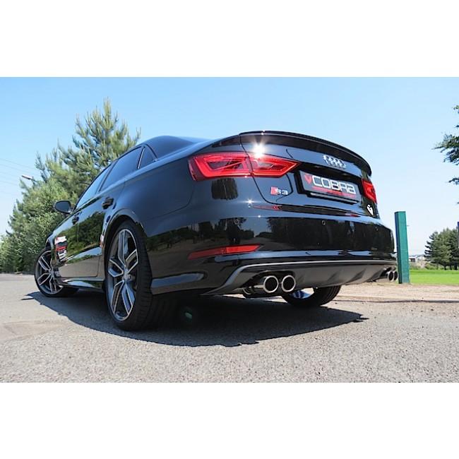 Cobra Sport turbo back performance exhaust for Audi S3 8V saloon, non-valved, with polished metal tips and exhaust pipes.