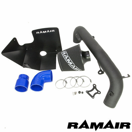 Ramair Ford Focus RS MK3 2.3 Ecoboost induction kit with cone foam air filter, heat shield, and hard pipe for enhanced airflow.
