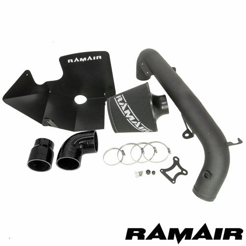 Ramair Ford Focus RS MK3 2.3 Ecoboost induction kit with cone foam air filter, heat shield, and hard pipe for improved airflow.
