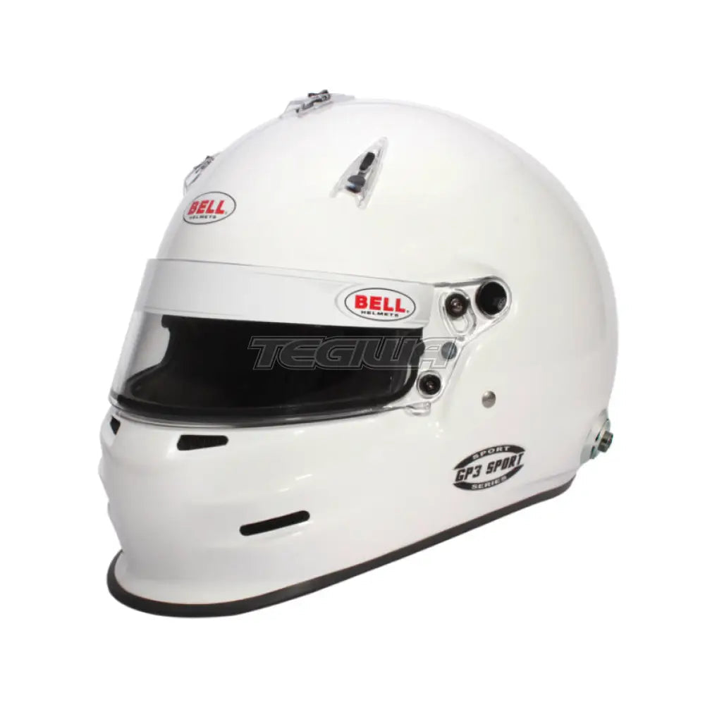 White Bell Full Face GP3 Sport Helmet with FIA8859-2015 certification featuring Hans posts, designed for racing safety and performance.