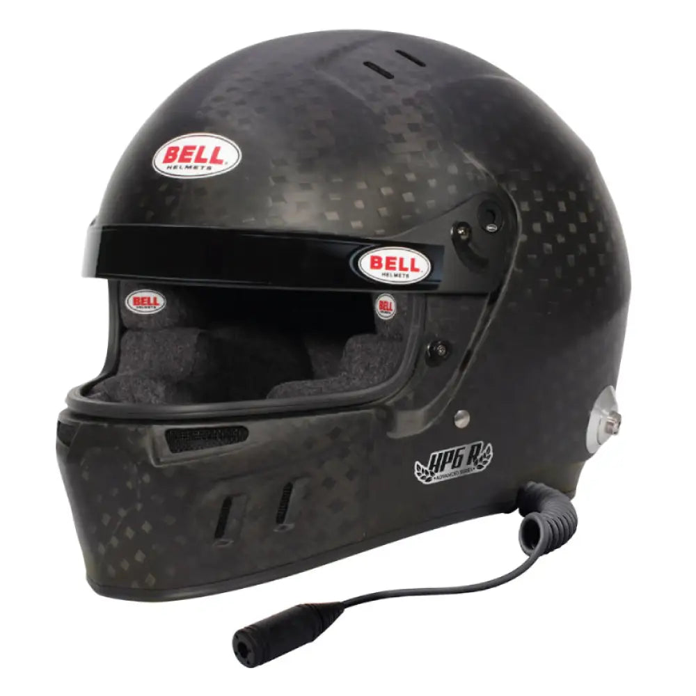 Bell Full Face HP6 Carbon Helmet with HANS compatibility, FIA8860-2018 approved, lightweight racing helmet with aerodynamic design.