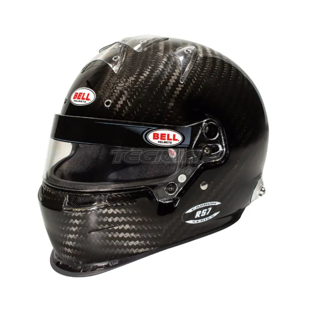 Bell Full Face RS7 Carbon Helmet with HANS compatibility, featuring a duckbill visor, FIA8859/SA2020 certification, and sleek design.