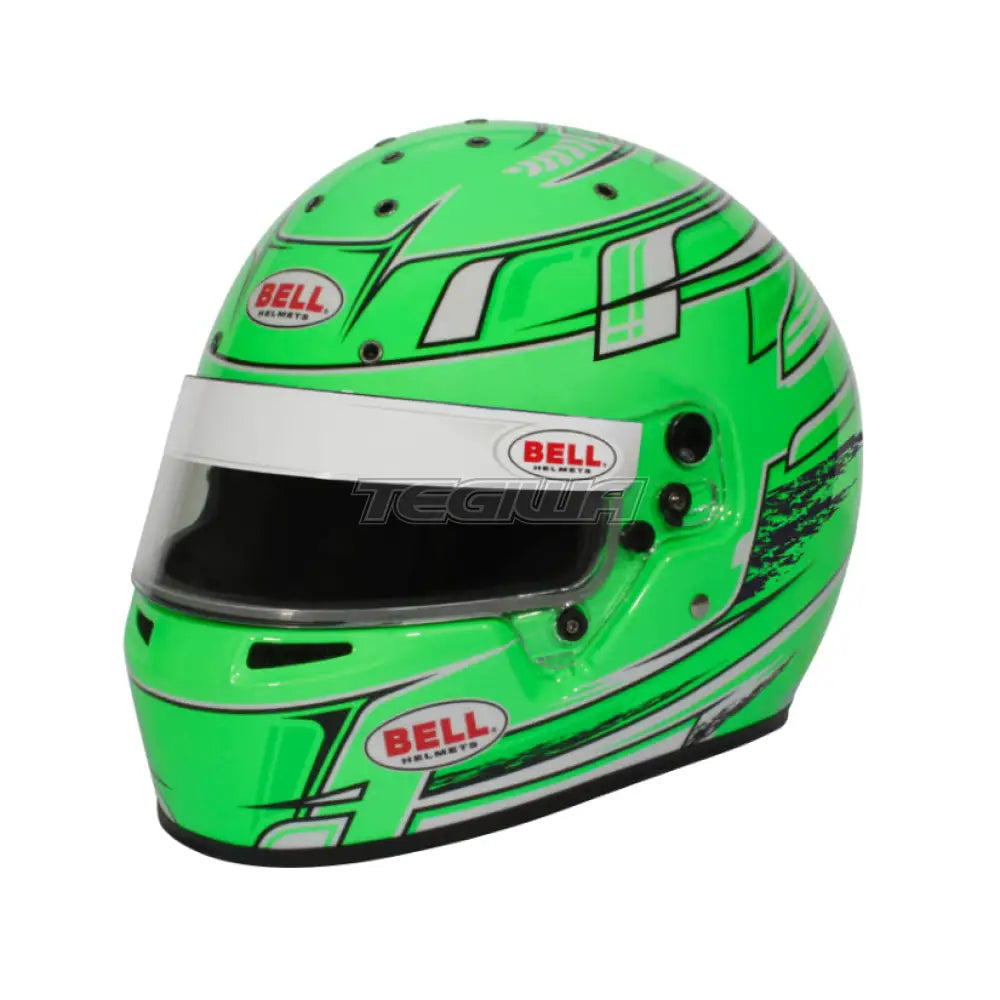 Bell KC7-CMR karting helmet in vibrant green with aerodynamic design, featuring a clear visor and sleek racing style.