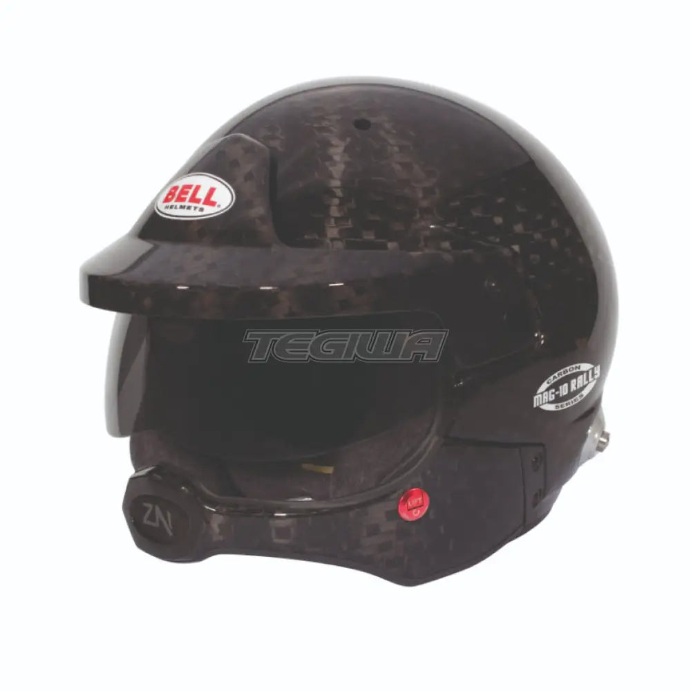 Bell Rally MAG-10 Carbon Helmet with HANS device, FIA8859/SA2020 certification, featuring sleek black design and aerodynamic airflow vents.