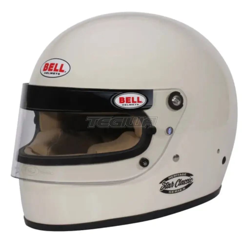 Bell Star Classic helmet in vintage white with FIA8859/SA2020 certification, featuring a sleek aerodynamic design and racing safety features.