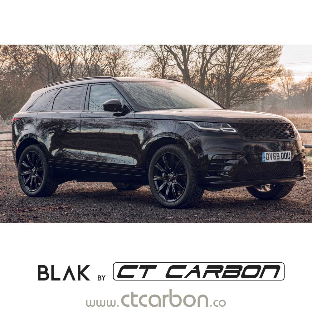 Full black edition trim kit for Range Rover Velar by CT Carbon, featuring sleek black accents and custom design for 2017+ models.