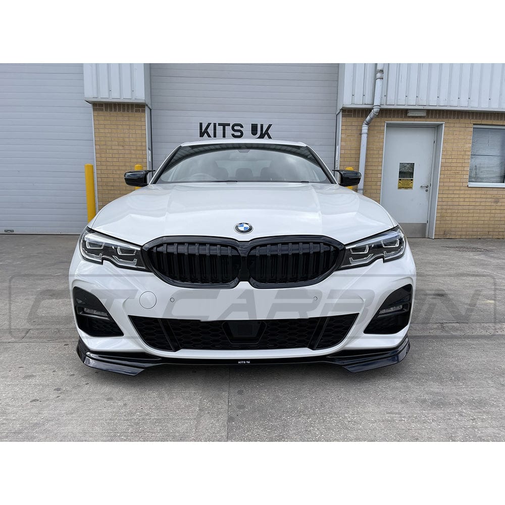 BMW 3 Series G20 G21 Pre LCI gloss black front splitter by CT Carbon, showcasing sleek aerodynamic design.