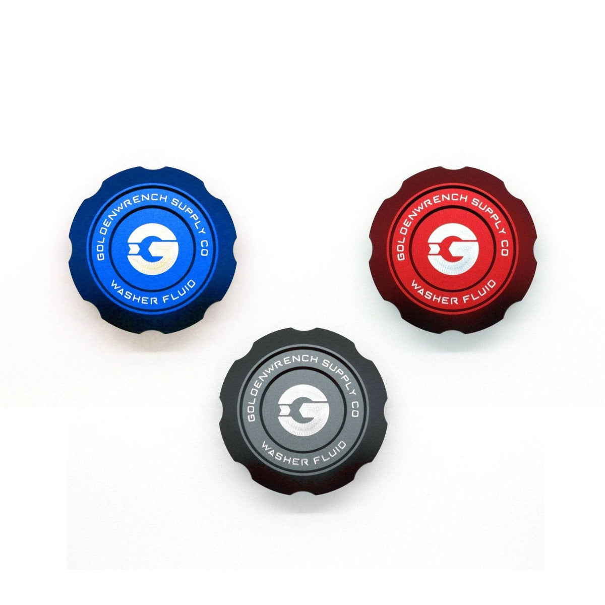 Goldenwrench BMW F Series Billet Washer Fluid Cap on engine bay trim, crafted from durable billet metal for BMW F and M series models.