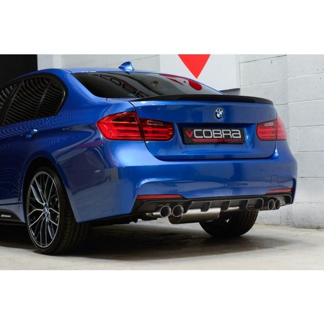 Cobra Sport BMW 320i F30 LCI quad exit M3 style performance exhaust conversion installed on a BMW 335d F30 model.