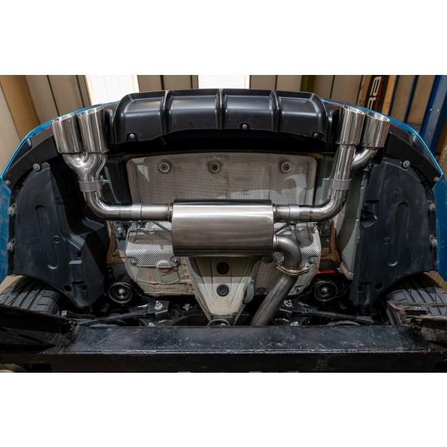 Cobra Sport BMW 320i F30 LCI quad exit M3 style performance exhaust conversion installed on a 2011-19 BMW 320i.