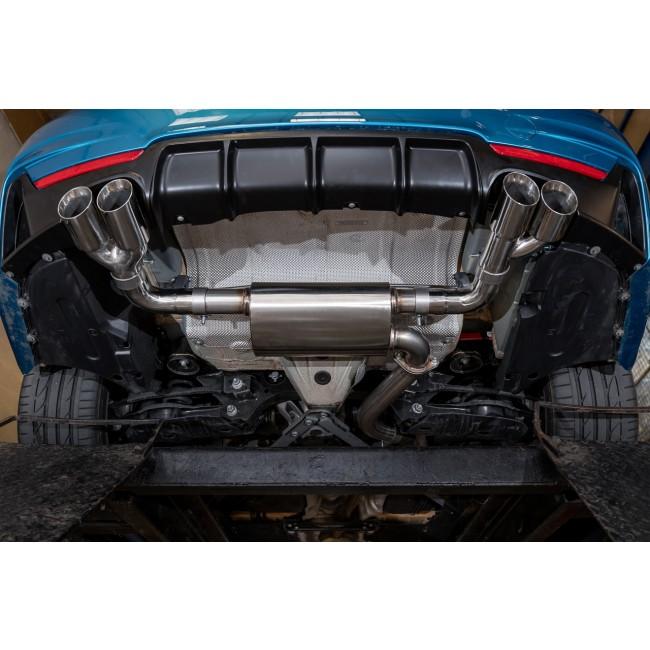 Cobra Sport BMW 420i F32/F33/F36 quad exit M4 style performance exhaust conversion showing polished twin exhaust tips