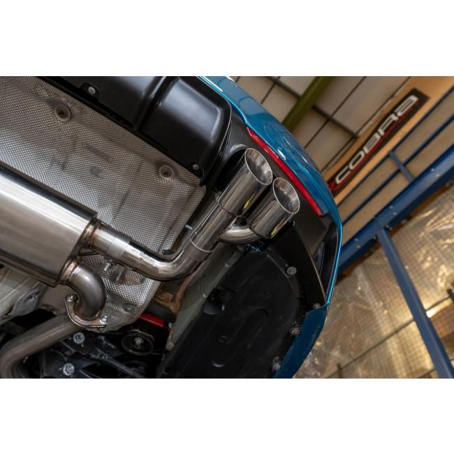 Cobra Sport quad exit performance exhaust conversion installed on a BMW 3 Series F30 F31 LCI 2011-19, showing polished exhaust tips