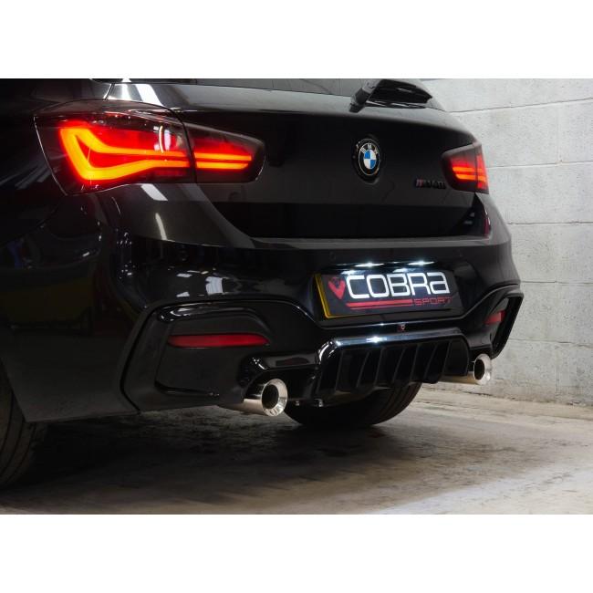 Cobra Sport BMW M140i exhaust tailpipes with 3.5-inch M Performance tips, OE style replacement slip-on exhaust tips.