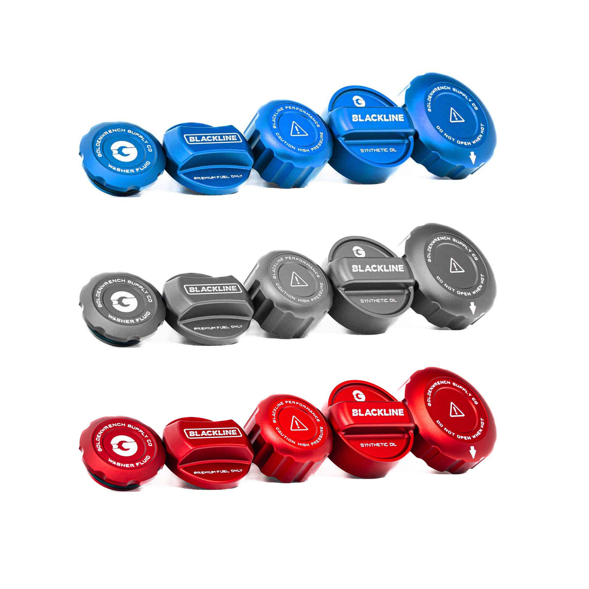 Goldenwrench BMW M2 Competition F87, M3 F80, M4 F82 engine bay fuel cap set showing polished metal caps and branding details.