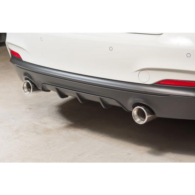 Cobra Sport BMW M240i F22/F23 LCI cat back performance exhaust, showing polished stainless steel exhaust tips and piping.