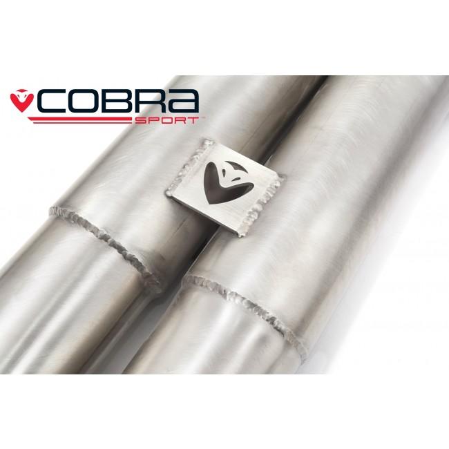 Cobra Sport BMW M4 F82 coupe 3-inch valved primary cat back performance exhaust system, showing polished tips and exhaust pipes.