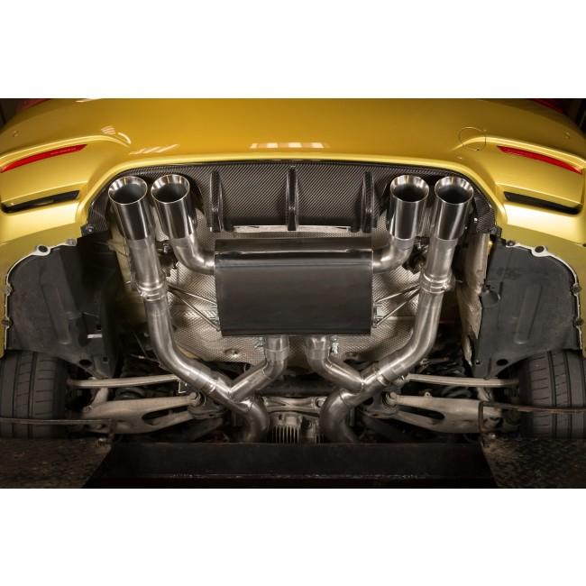 Cobra Sport BMW M4 F82 coupe 3-inch valved primary cat back performance exhaust, showcasing polished stainless steel pipes.