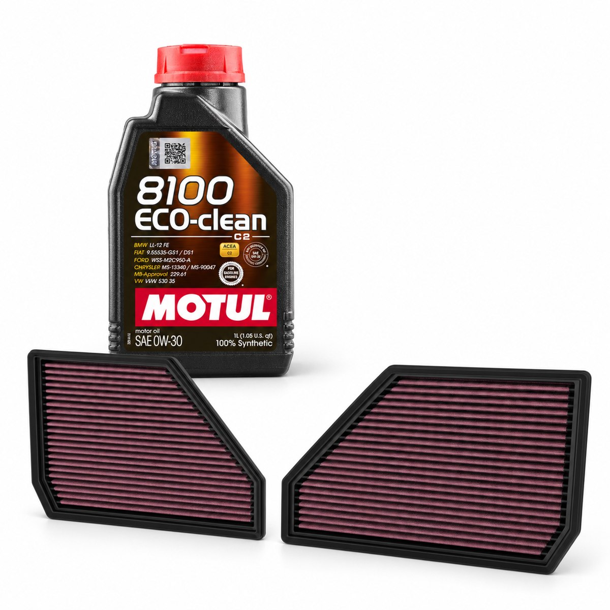 Selected Motul Eco-Clean 0W-30 oil and K&N 33-5144 air-filter pair for BMW X5 M and X6 M major service kit