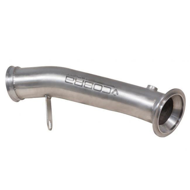 Cobra Sport BMW 335i F30 F31 F34 sports cat downpipe exhaust pipe showing polished metal construction and branding
