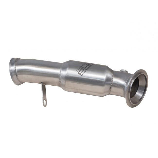 Cobra Sport BMW M2 F87 front downpipe with sports cat, part of performance exhaust system, shows polished metal and pipe details.