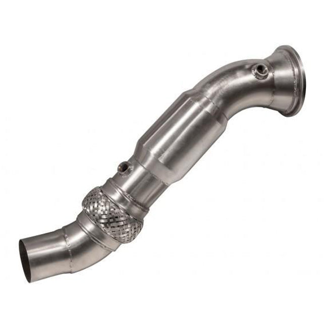 Cobra Sport BMW 540i downpipe sports cat with metallic finish and exhaust pipe connections for performance upgrade.