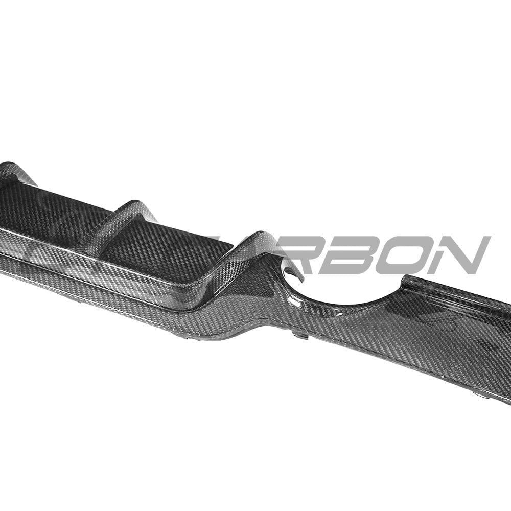BMW F32 F33 F36 4 Series carbon fiber diffuser with dual exhaust, CT Carbon V1 style, showcasing sleek design and finish.