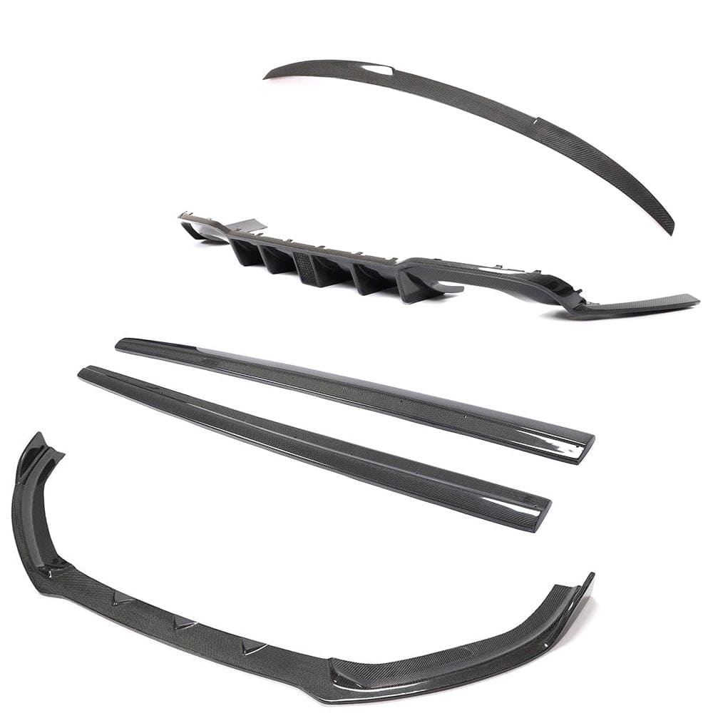 Full carbon fibre kit for Audi S3 facelift saloon 8V by CT Carbon, includes splitter and body panels, showcasing sleek carbon fibre design.