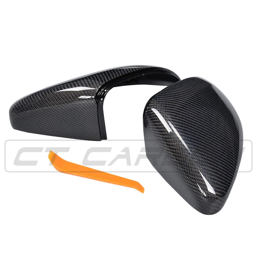 CT Carbon carbon fiber mirror replacements for Volkswagen Golf MK7/7.5, showcasing sleek, lightweight mirror caps with a glossy finish.