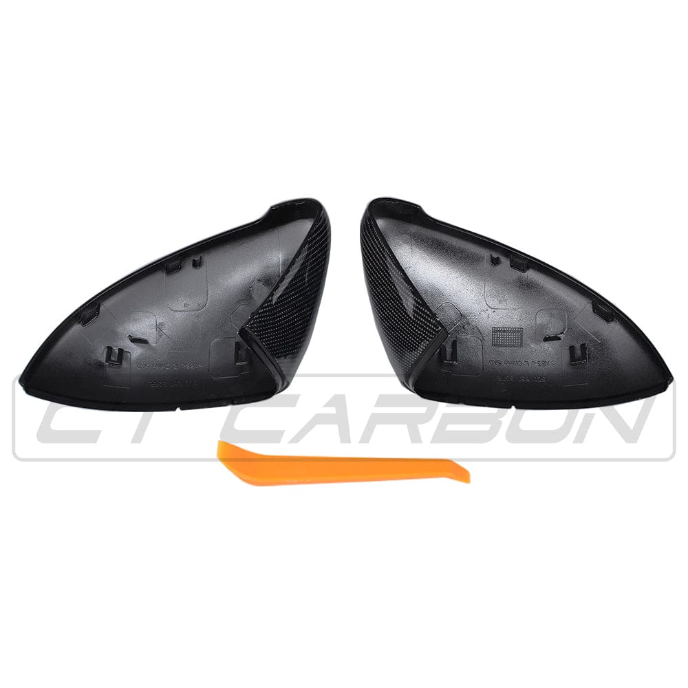CT Carbon Volkswagen Golf MK7/7.5 carbon fiber mirror replacements, close-up of sleek, lightweight automotive accessory.