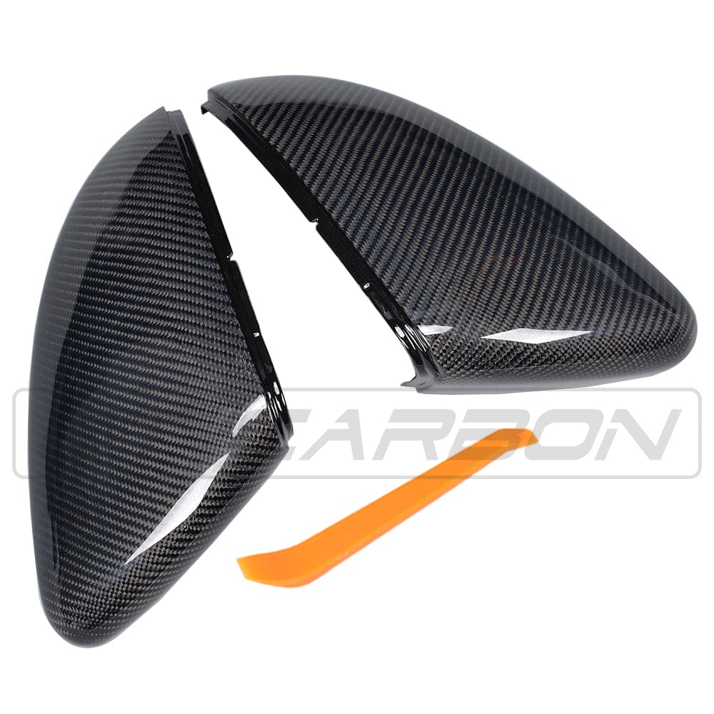 CT Carbon Volkswagen Golf MK7/7.5 carbon fiber mirror replacements showing sleek, lightweight mirror caps with a glossy finish.