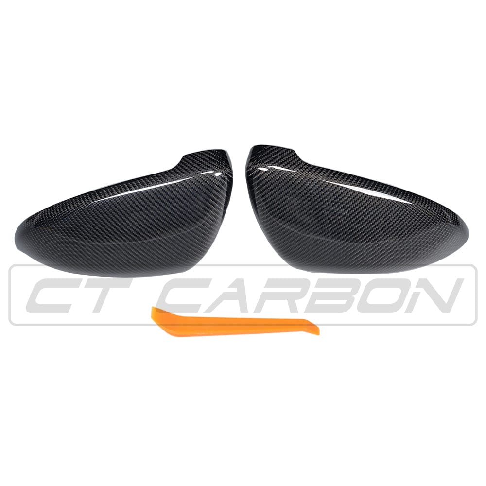Carbon fiber mirror replacements for Volkswagen Golf MK7/7.5 by CT Carbon, featuring sleek, lightweight design and high-quality craftsmanship.