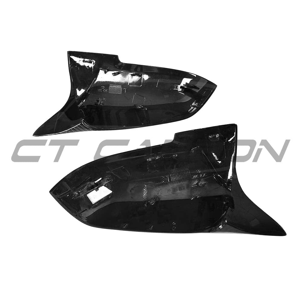 BMW Fxx series carbon fiber mirrors by CT Carbon, front view showing sleek, lightweight replacement M-style side mirrors.