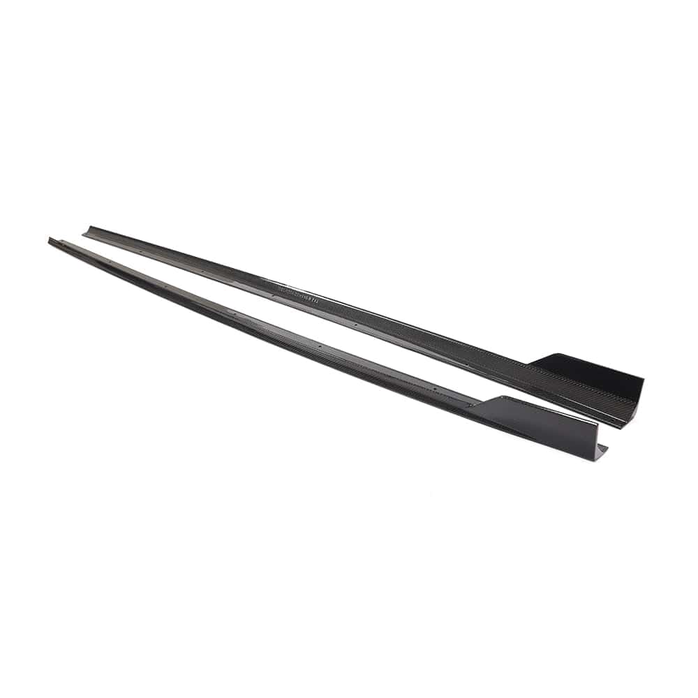 Carbon fibre side skirts for Audi A3 S3 RS3 8V saloon by CT Carbon, showing sleek, aerodynamic design on a silver car.
