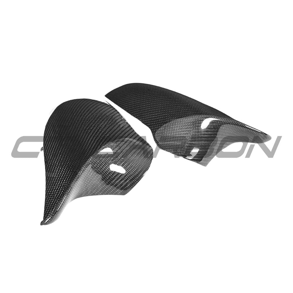 BMW F80/F82/F83/F87 M2C M3 M4 carbon fibre mirrors by CT Carbon, RHD only, showing sleek, lightweight mirror covers.